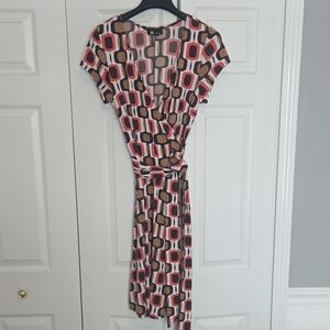 AB Studio 70s Inspired Geometric Wrap Midi Dress in Black, Red, and Tan